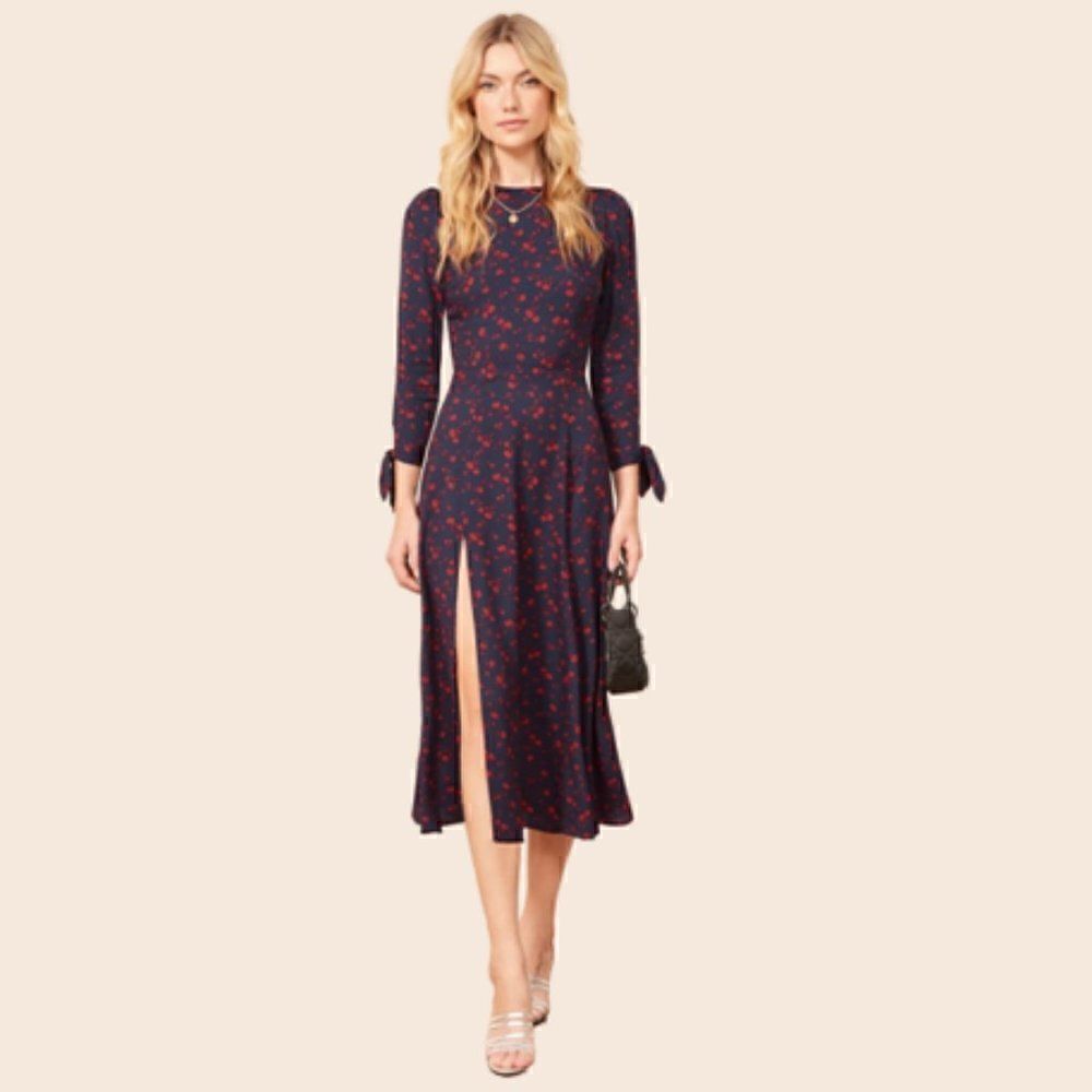 Reformation Navy and Red Zelda Floral Midi Dress w/ Thigh Split Size 2 Sold Out